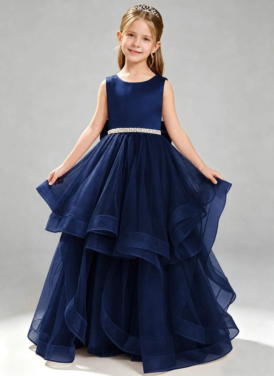 Navy Blue Flower Girl Dress Layered Tulle Princess Ball Gown Front View