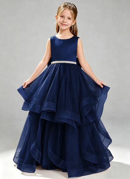 Navy Blue Flower Girl Dress Layered Tulle Princess Ball Gown Front View
