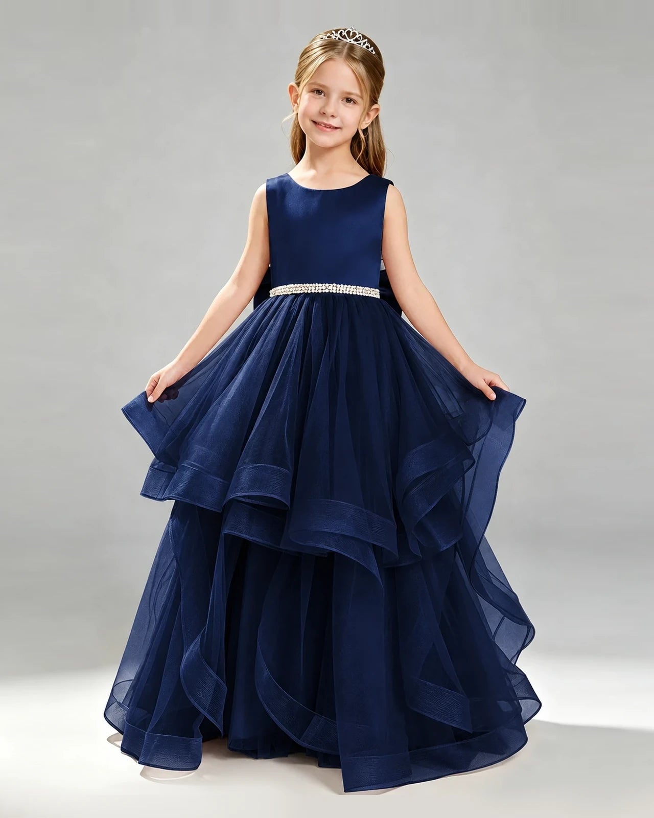 Navy Blue Satin Ball Gown Pageant Dress Front View
