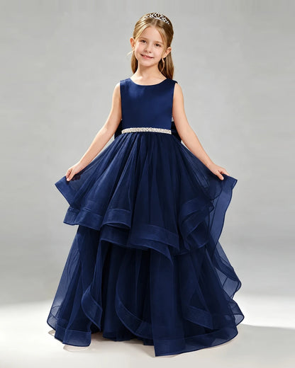 Navy Blue Satin Ball Gown Pageant Dress Front View