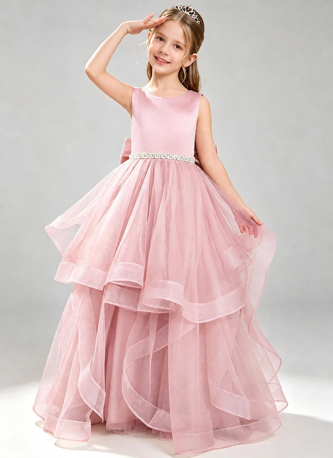 Pink Flower Girl Dress Layered Tulle Princess Ball Gown Front View