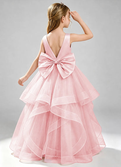 Pink Flower Girl Dress Layered Tulle Princess Ball Gown Back View