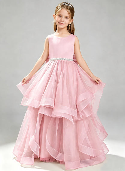 Pink Flower Girl Dress Layered Tulle Princess Ball Gown Front View