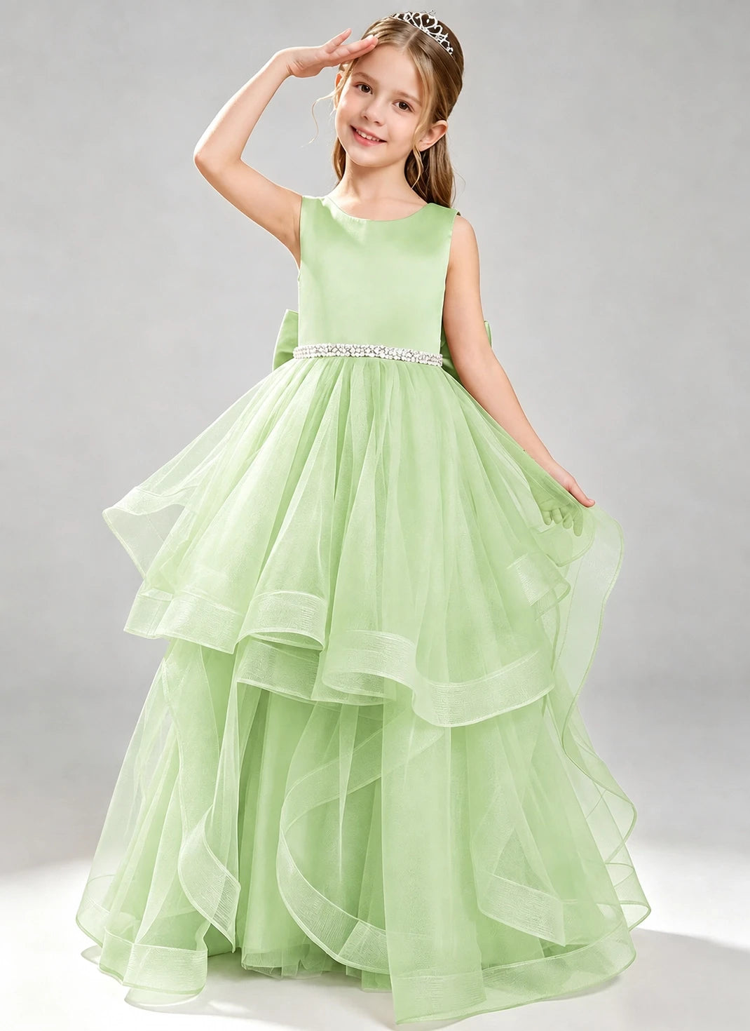 Sage Green Flower Girl Dress Layered Tulle Princess Ball Gown Front View