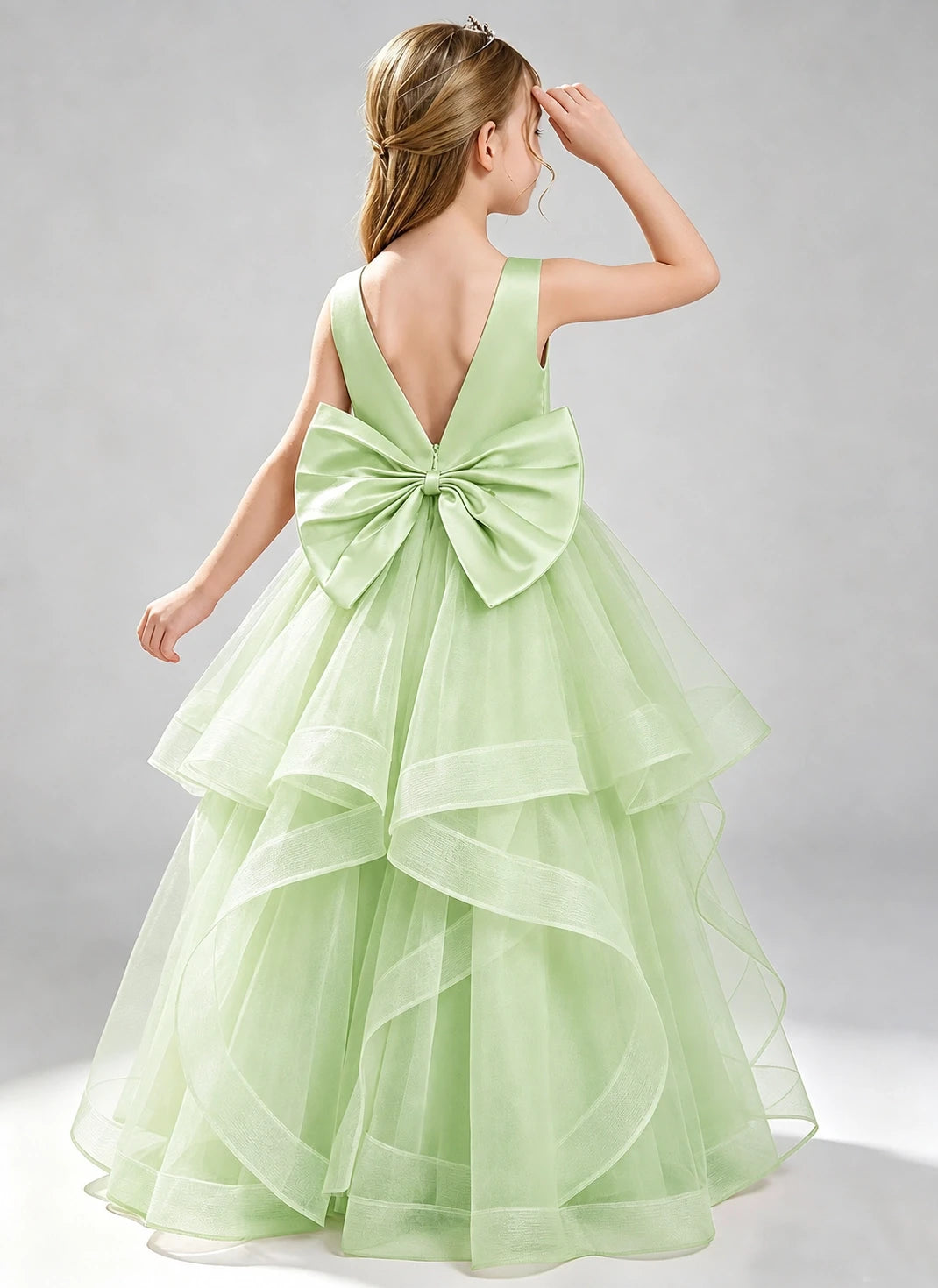 Sage Green Flower Girl Dress Layered Tulle Princess Ball Gown Back View