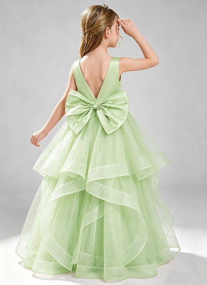 Sage Green Flower Girl Dress Layered Tulle Princess Ball Gown Back View