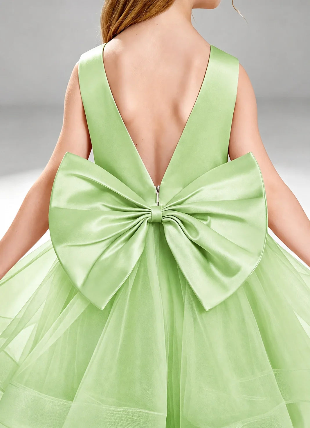 Sage Green Flower Girl Dress Layered Tulle Princess Ball Gown Back View