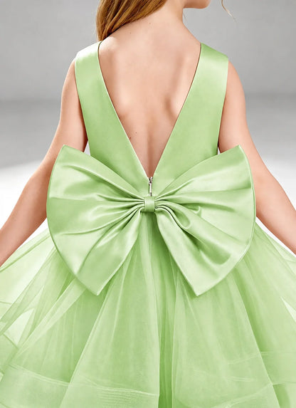 Sage Green Flower Girl Dress Layered Tulle Princess Ball Gown Back View