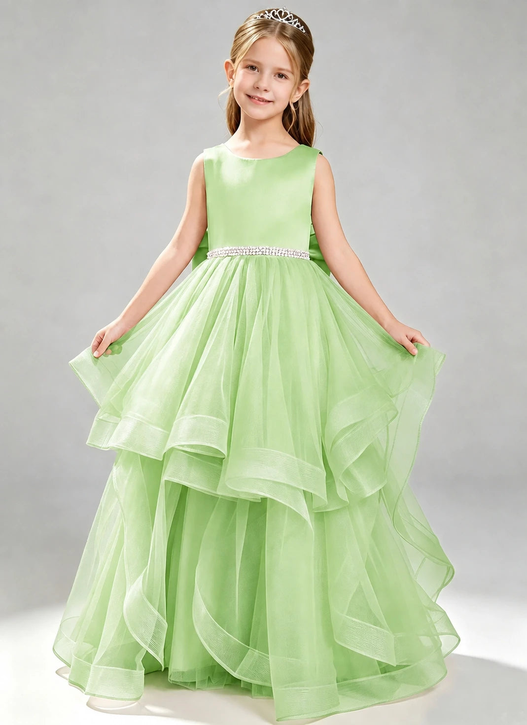 Sage Green Flower Girl Dress Layered Tulle Princess Ball Gown Front View