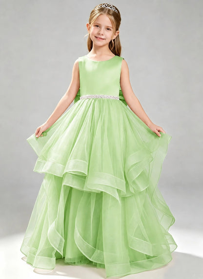 Sage Green Flower Girl Dress Layered Tulle Princess Ball Gown Front View