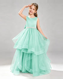 Turquoise Pageant Dress Sleeveless Rhinestone Belt Layered Tulle Princess Gown Front View