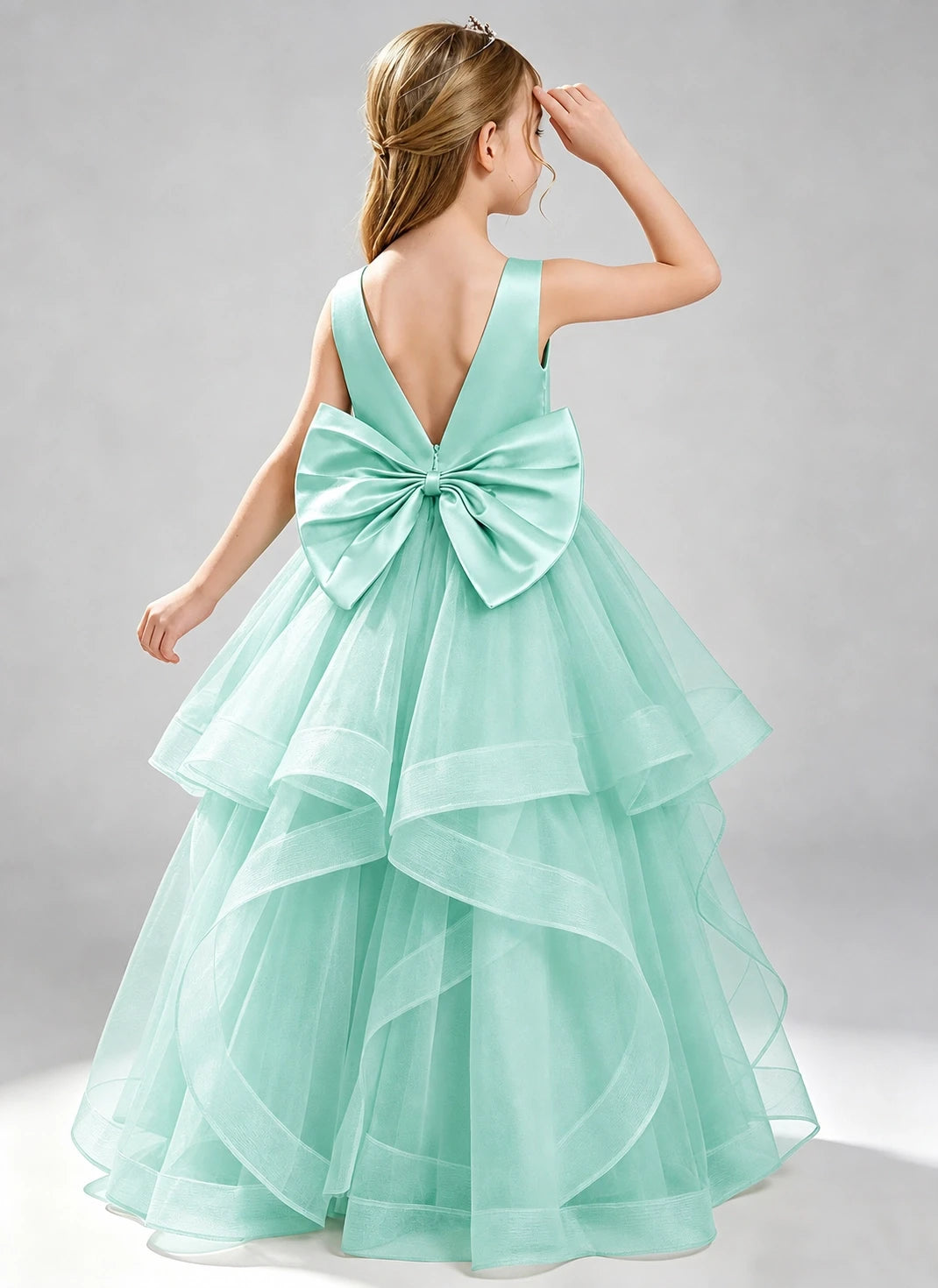 Turquoise Flower Girl Dress Layered Tulle Princess Ball Gown Back View