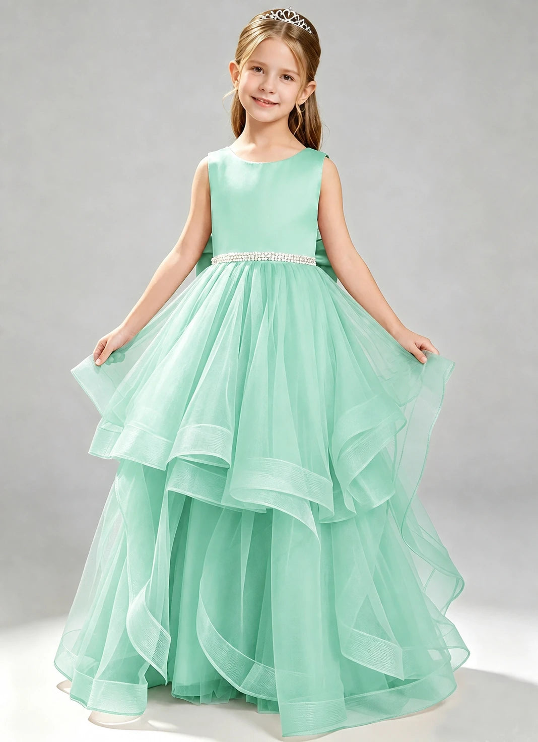 Turquoise Flower Girl Dress Layered Tulle Princess Ball Gown Front View