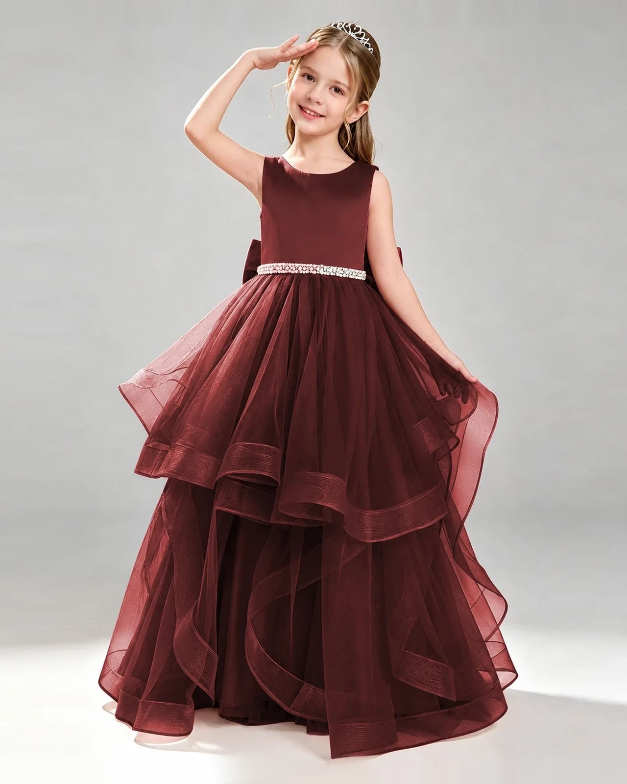 Wine Red Tulle Ball Gown Pageant Dress Front View