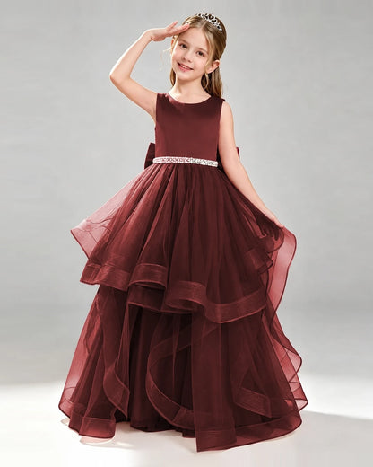 Wine Red Tulle Ball Gown Pageant Dress Front View