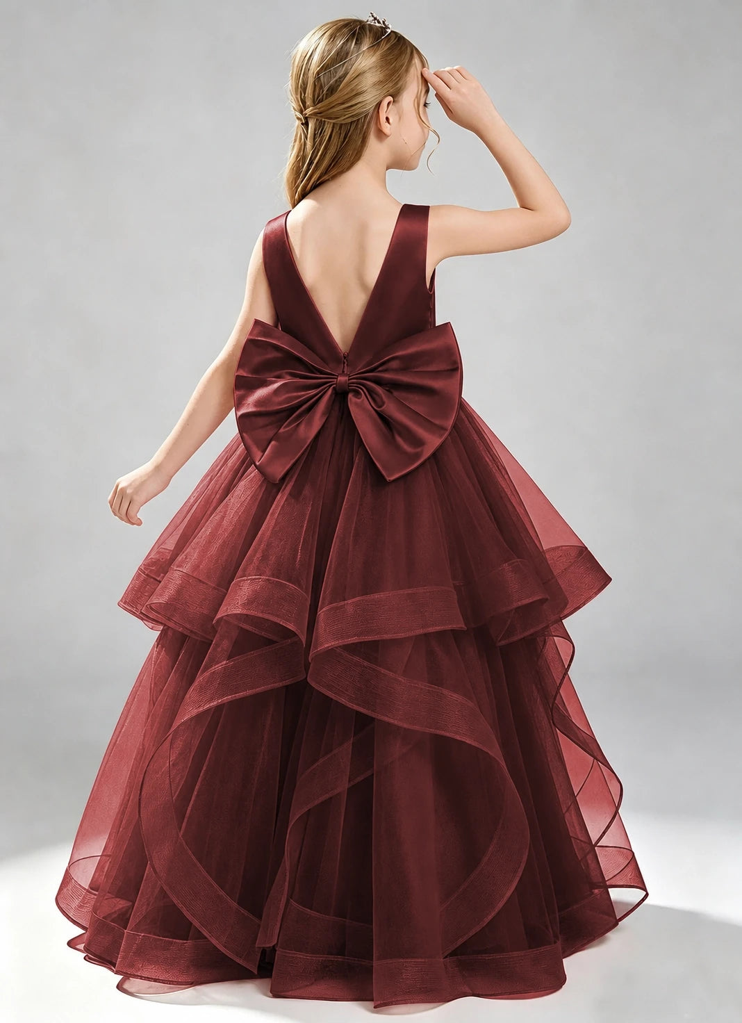 Windred Flower Girl Dress Layered Tulle Princess Ball Gown Back View
