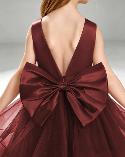 Wine Red Satin A-line Pageant Dress Back View