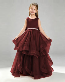 Windred Pageant Dress Sleeveless Rhinestone Belt Layered Tulle Princess Gown Front View