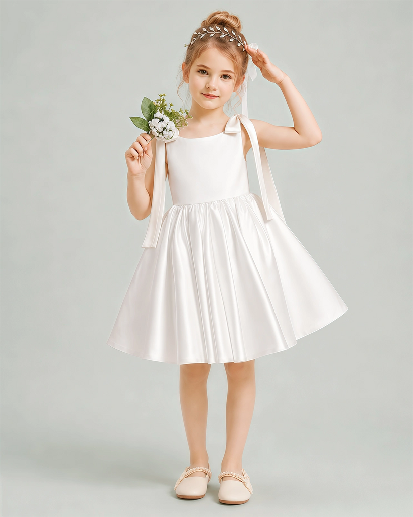 Ivory Satin A-line Girls Formal Dress Front View