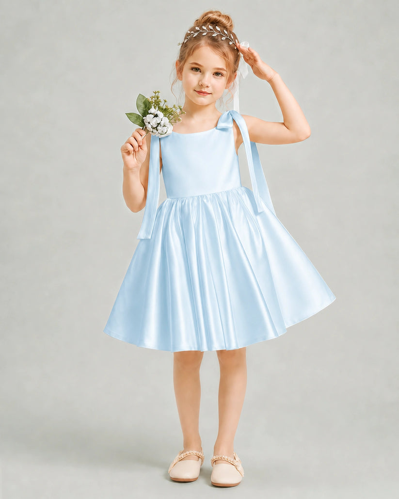 Baby Blue Satin A-line Girls Formal Dress Front View