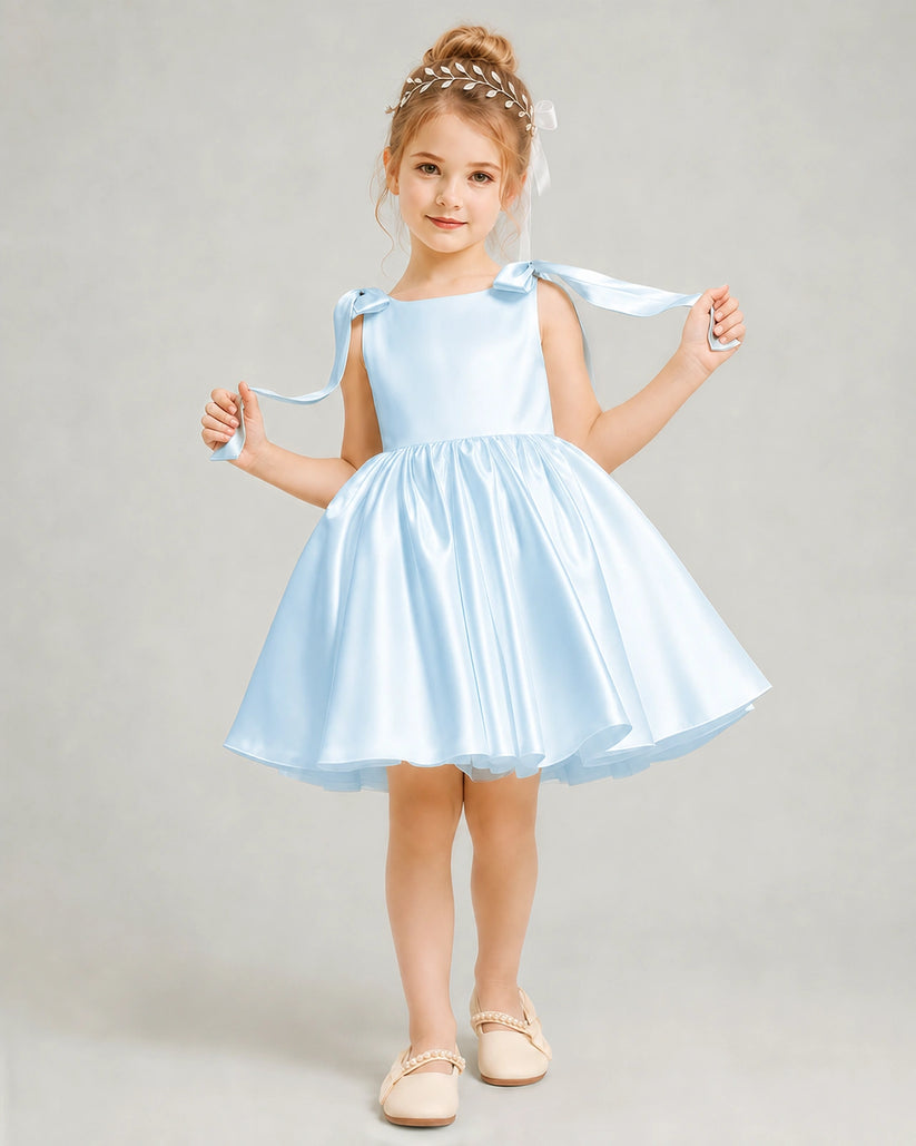 Baby Blue Satin A-line Girls Formal Dress Front View