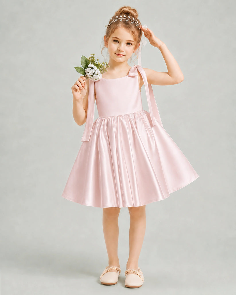 Blush Pink Satin A-line Girls Formal Dress Front View