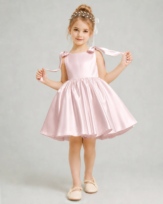 Blush Pink Satin A-line Girls Formal Dress Front View
