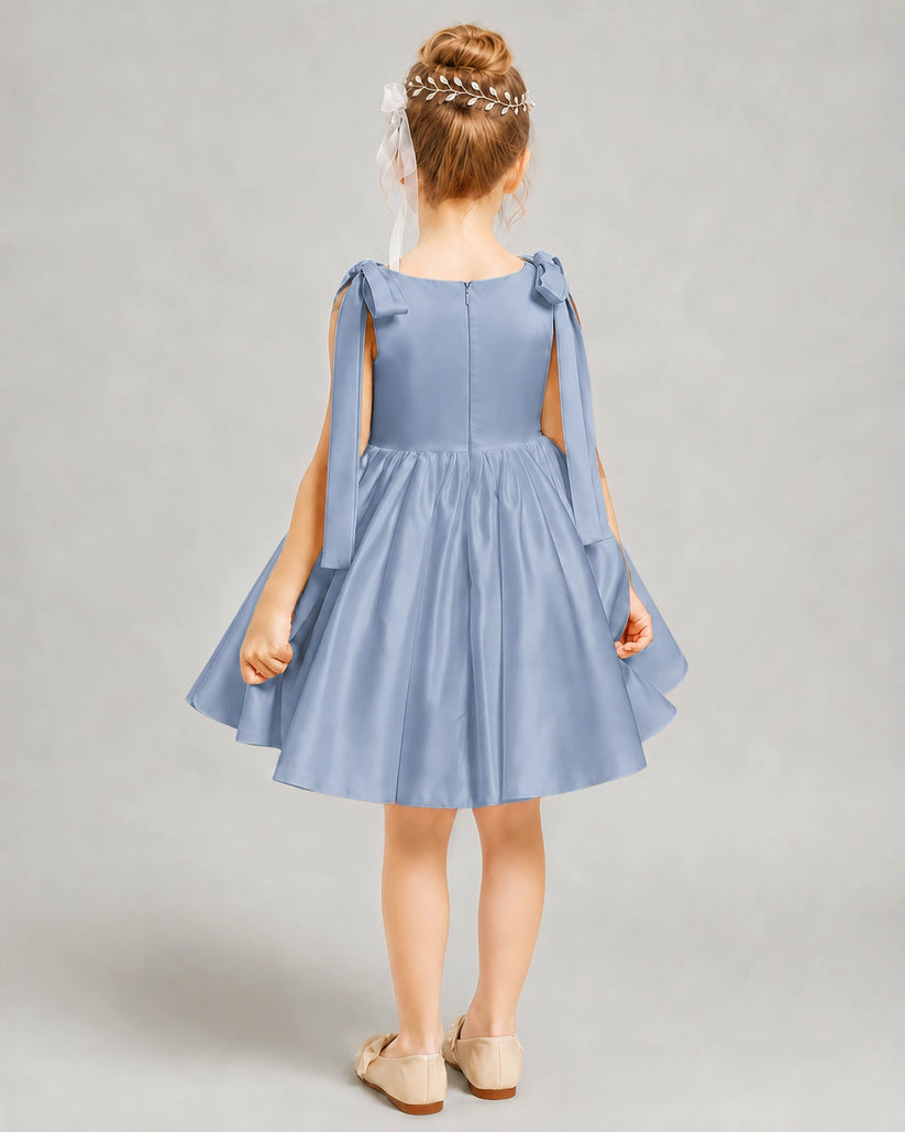 Dusty Blue Satin A-line Girls Formal Dress Back View