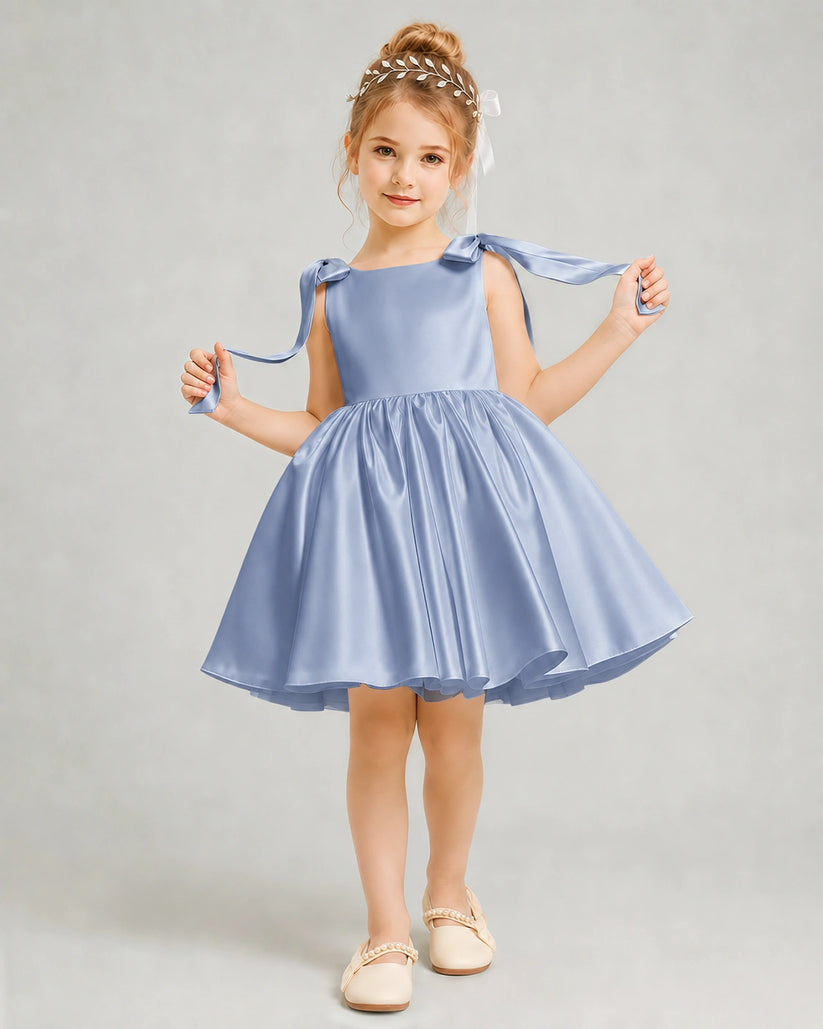 Dusty Blue Satin A-line Girls Formal Dress Front View