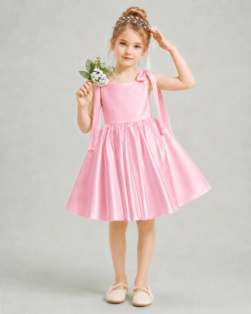 Pink Satin A-line Girls Formal Dress Front View
