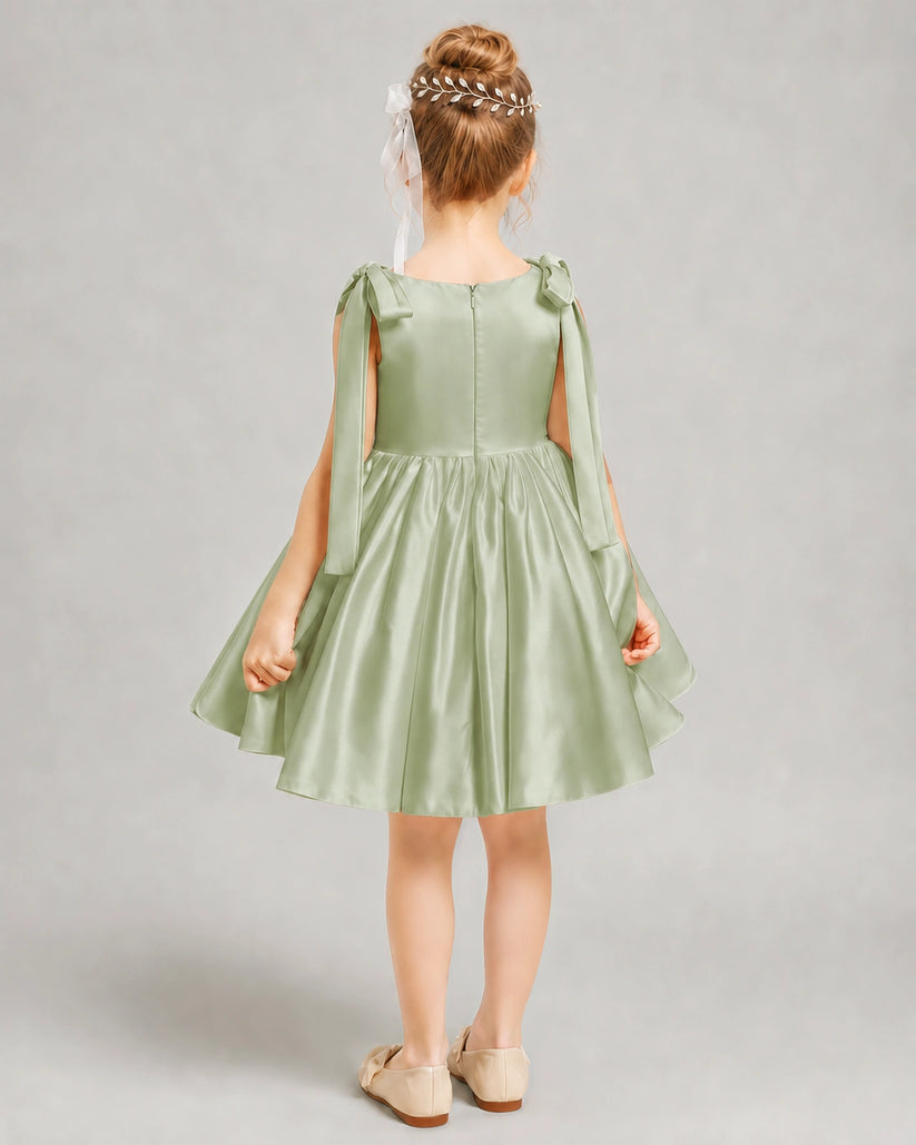 Sage Green Satin A-line Girls Formal Dress Back View