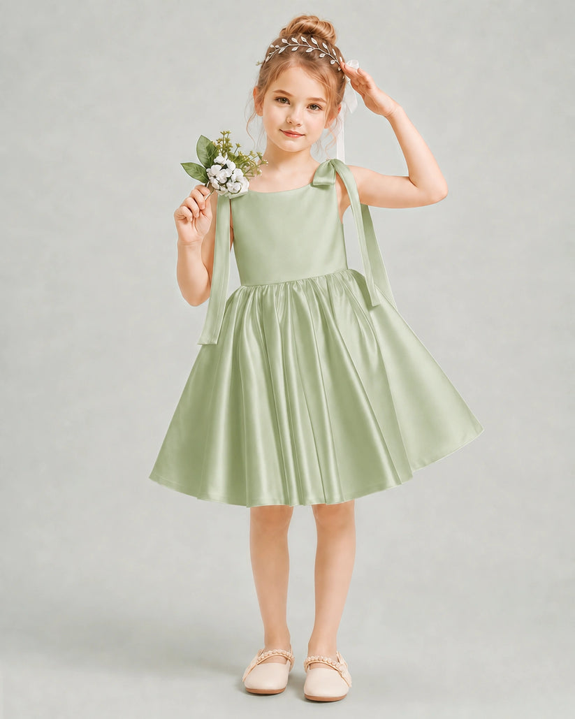 Sage Green Satin A-line Girls Formal Dress Front View