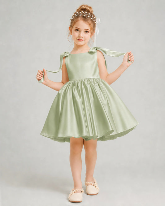 Sage Green Satin A-line Girls Formal Dress Front View