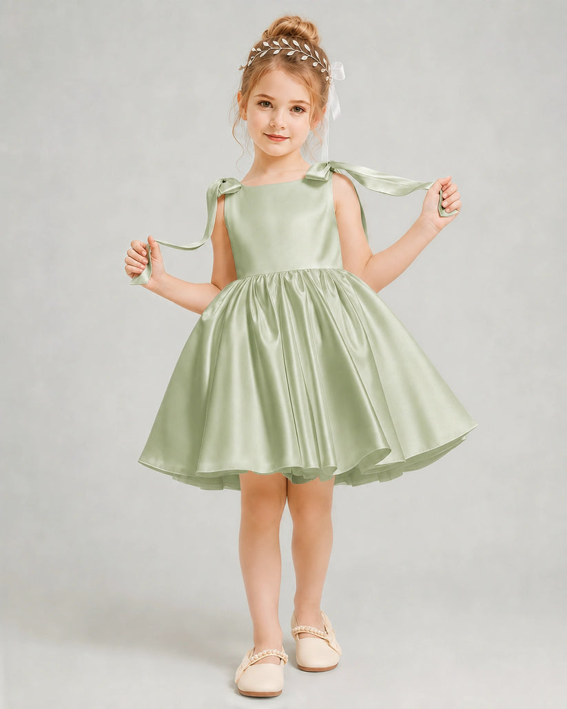Sage Green Satin A-line Girls Formal Dress Front View