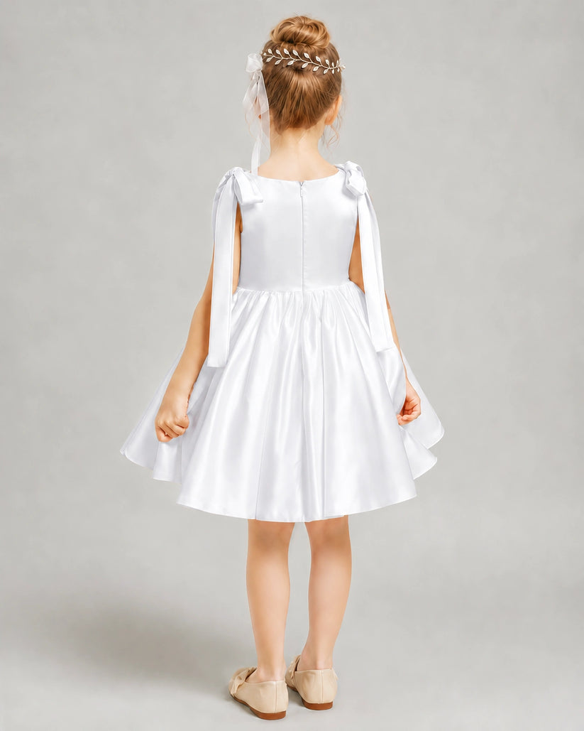White Satin A-line Girls Formal Dress Back View