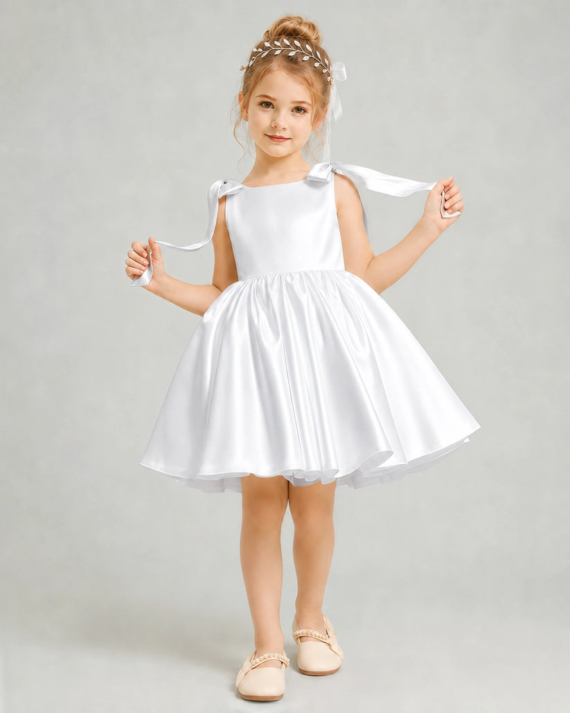 White Satin A-line Girls Formal Dress Front View