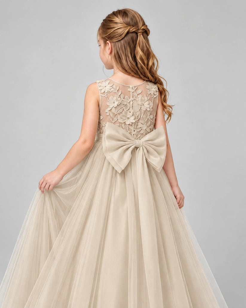 Champagne Lace Tulle Flower Girl Dress Back Detail