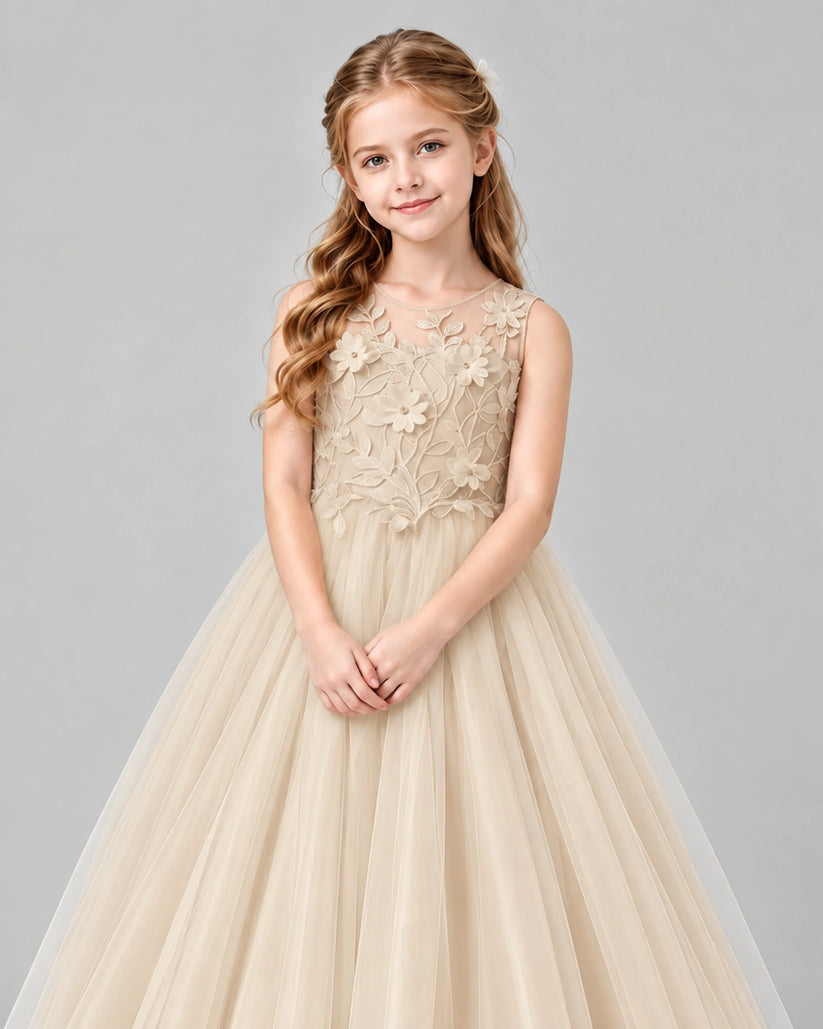 Champagne Lace Tulle Flower Girl Dress Detail