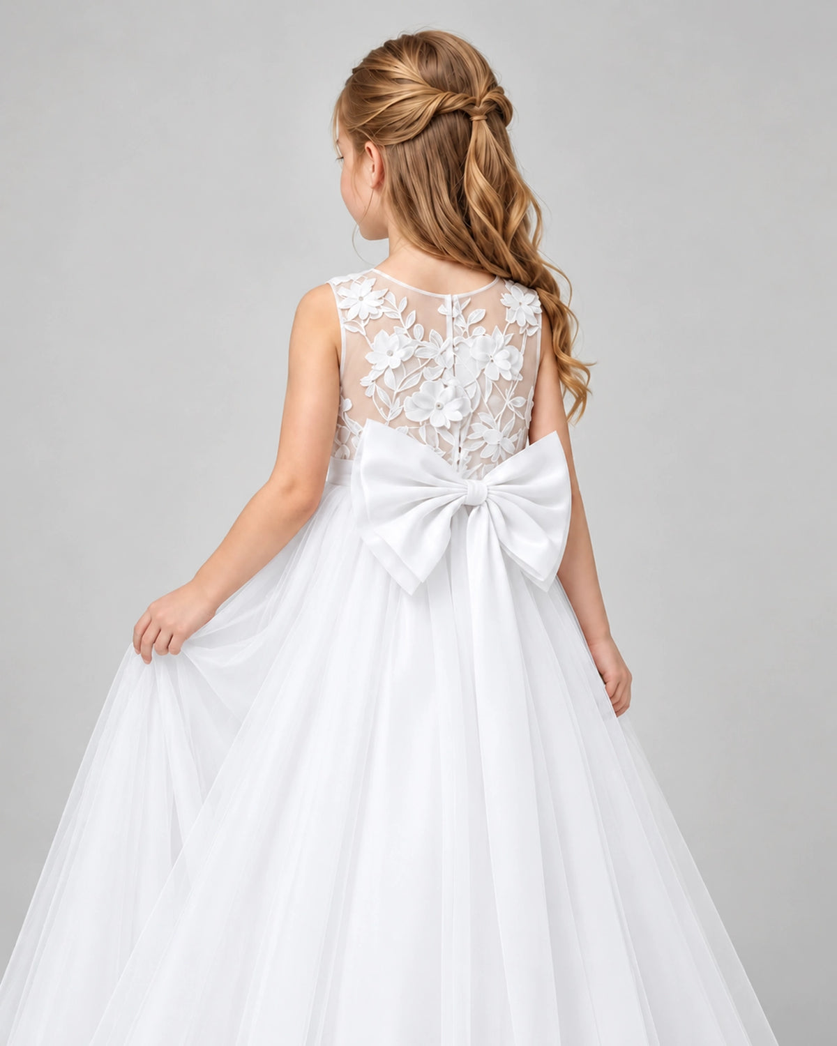 White Lace Tulle Flower Girl Dress Back Detail