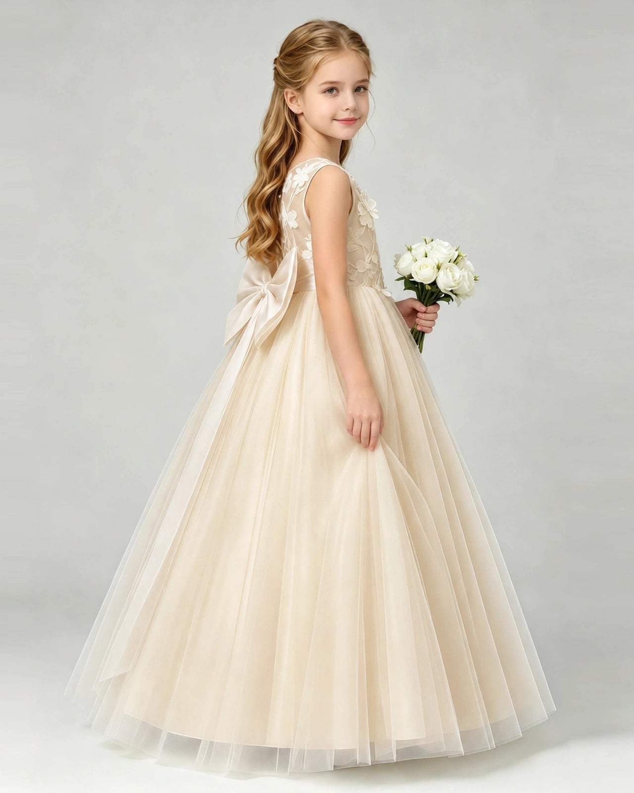 Champagne Tulle A-line Flower Girl Dress Side View