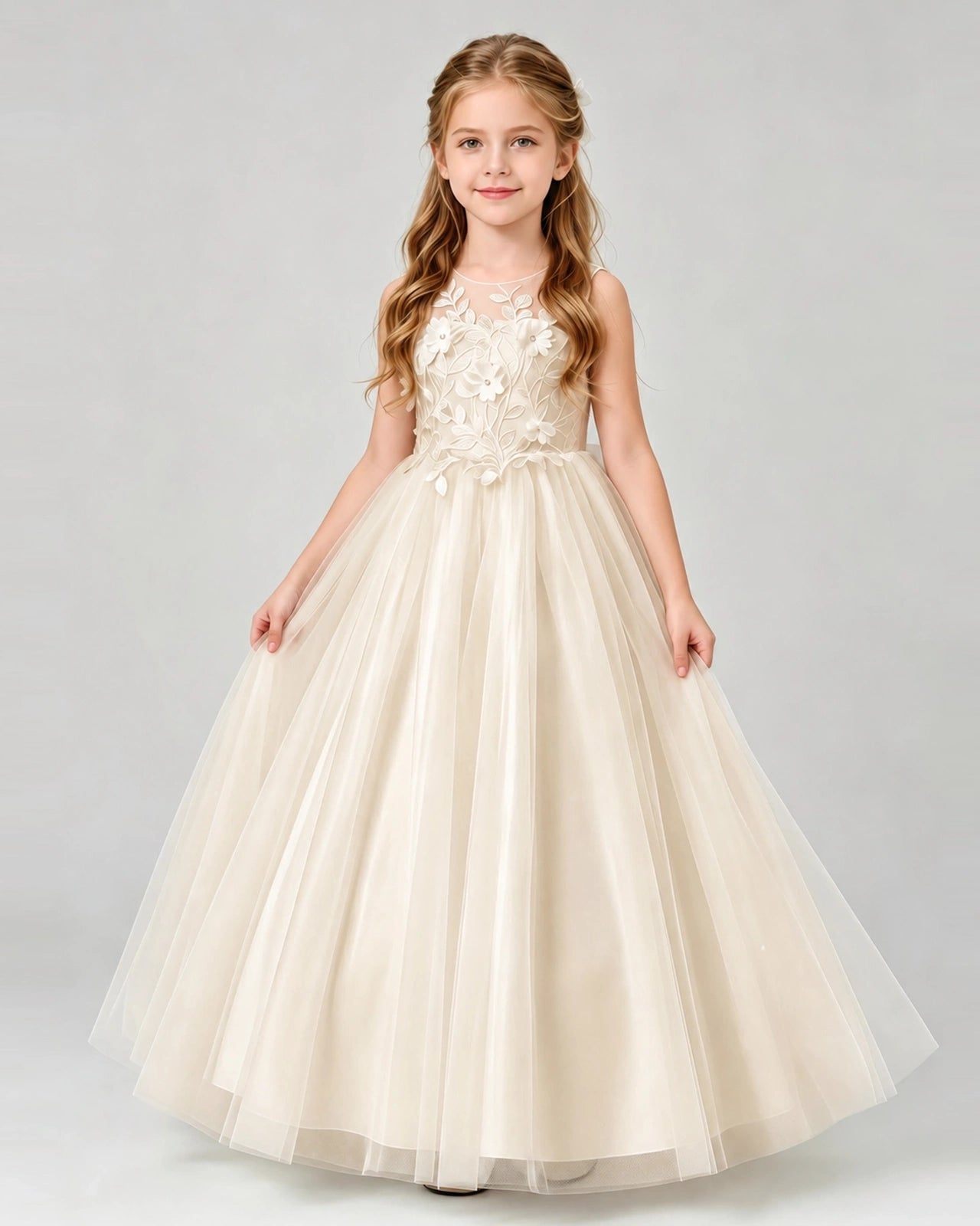 Champagne Tulle A-line Flower Girl Dress Front View