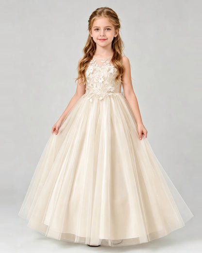 Champagne Tulle A-line Flower Girl Dress Front View