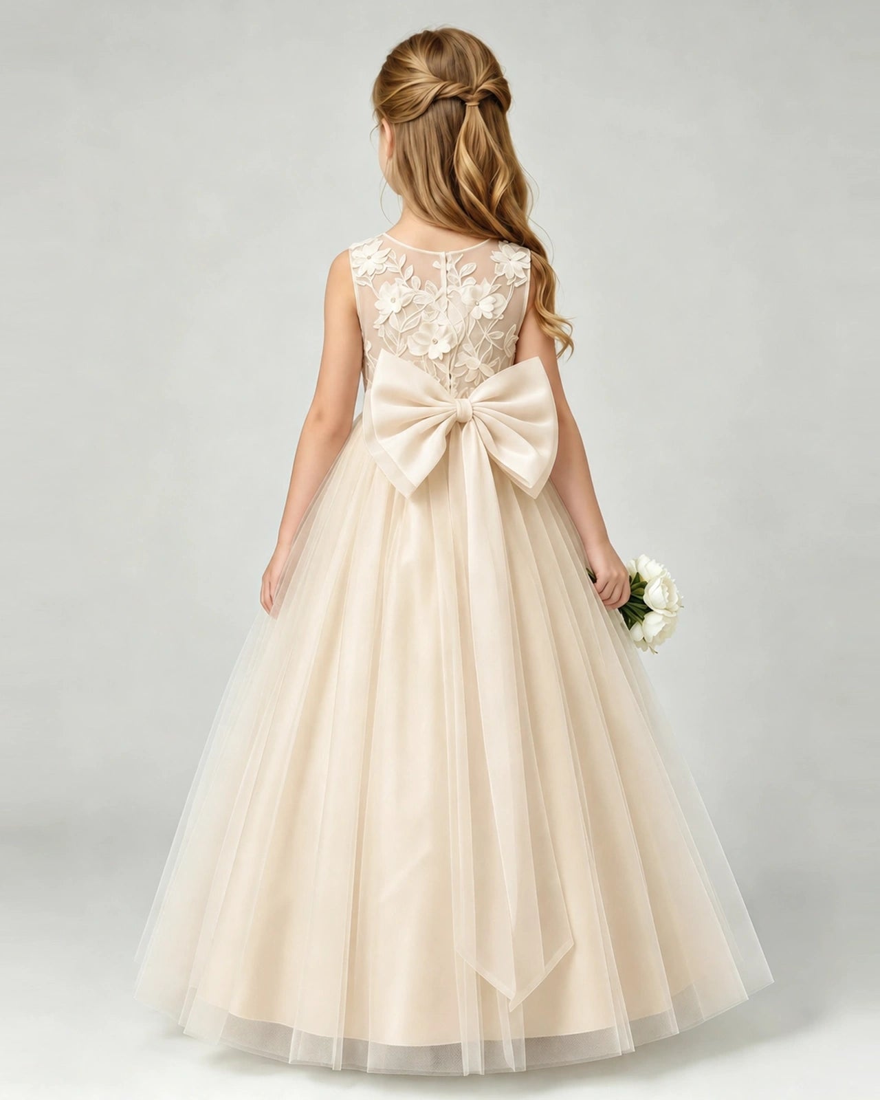 Champagne Tulle A-line Flower Girl Dress Back View