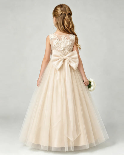 Champagne Tulle A-line Flower Girl Dress Back View