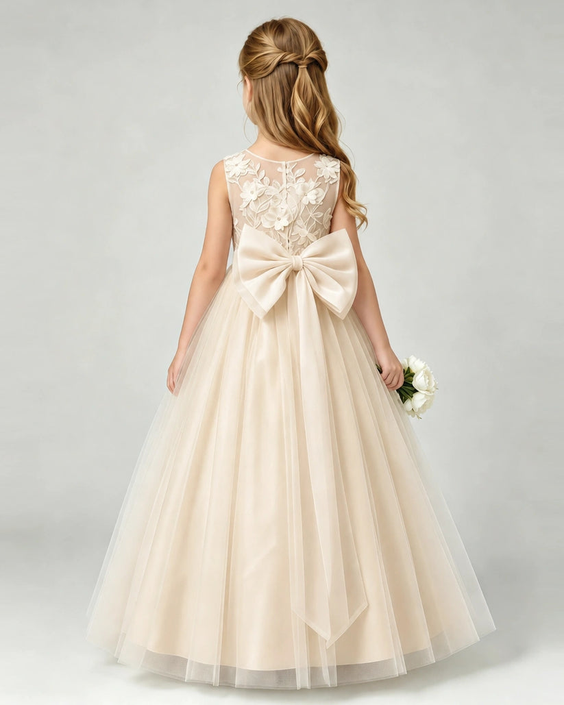 Champagne Tulle A-line Flower Girl Dress Back View