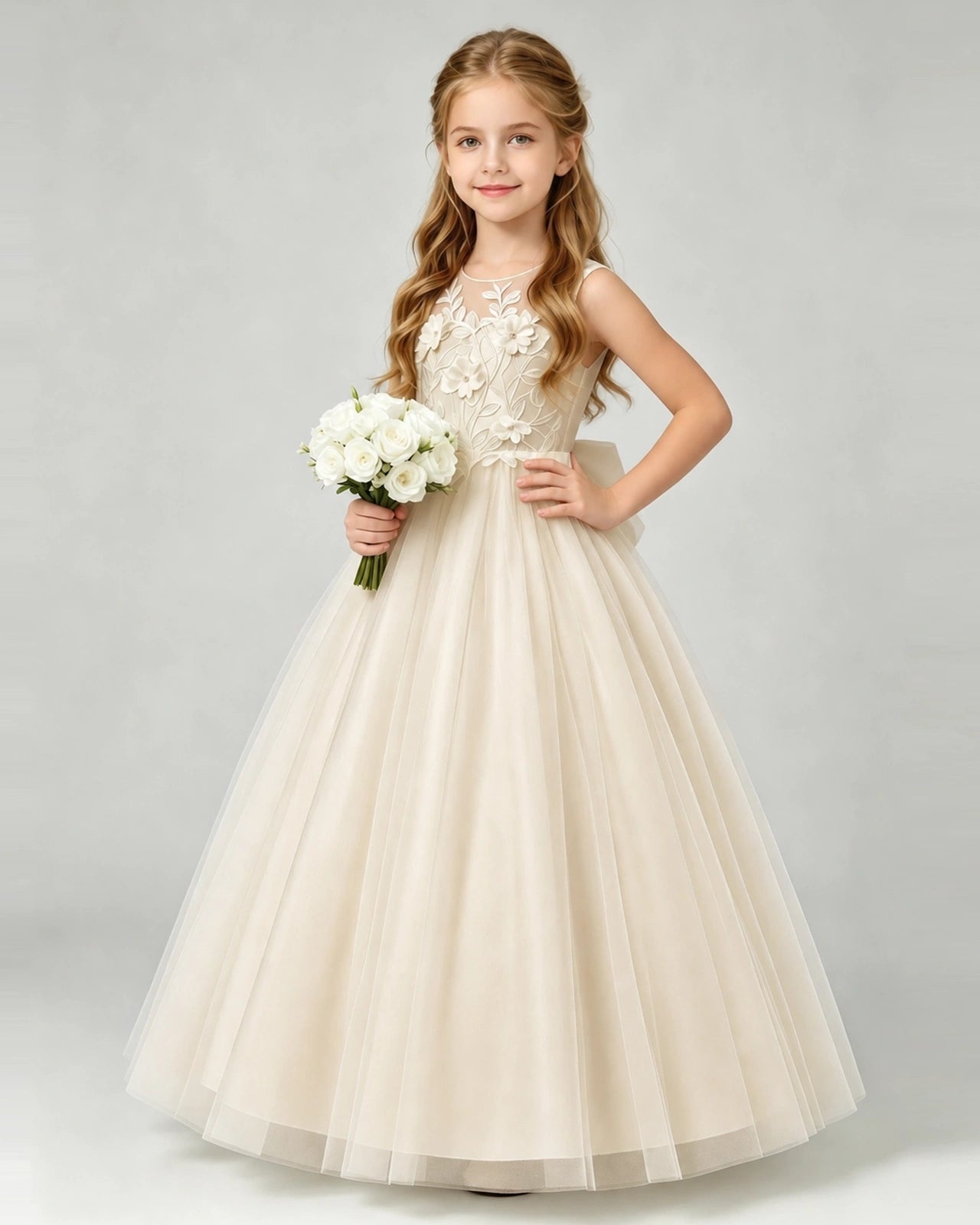 Champagne Tulle A-line Flower Girl Dress Front View