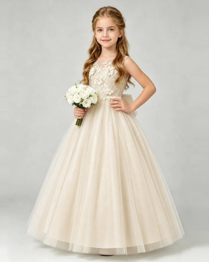 Champagne Tulle A-line Flower Girl Dress Front View