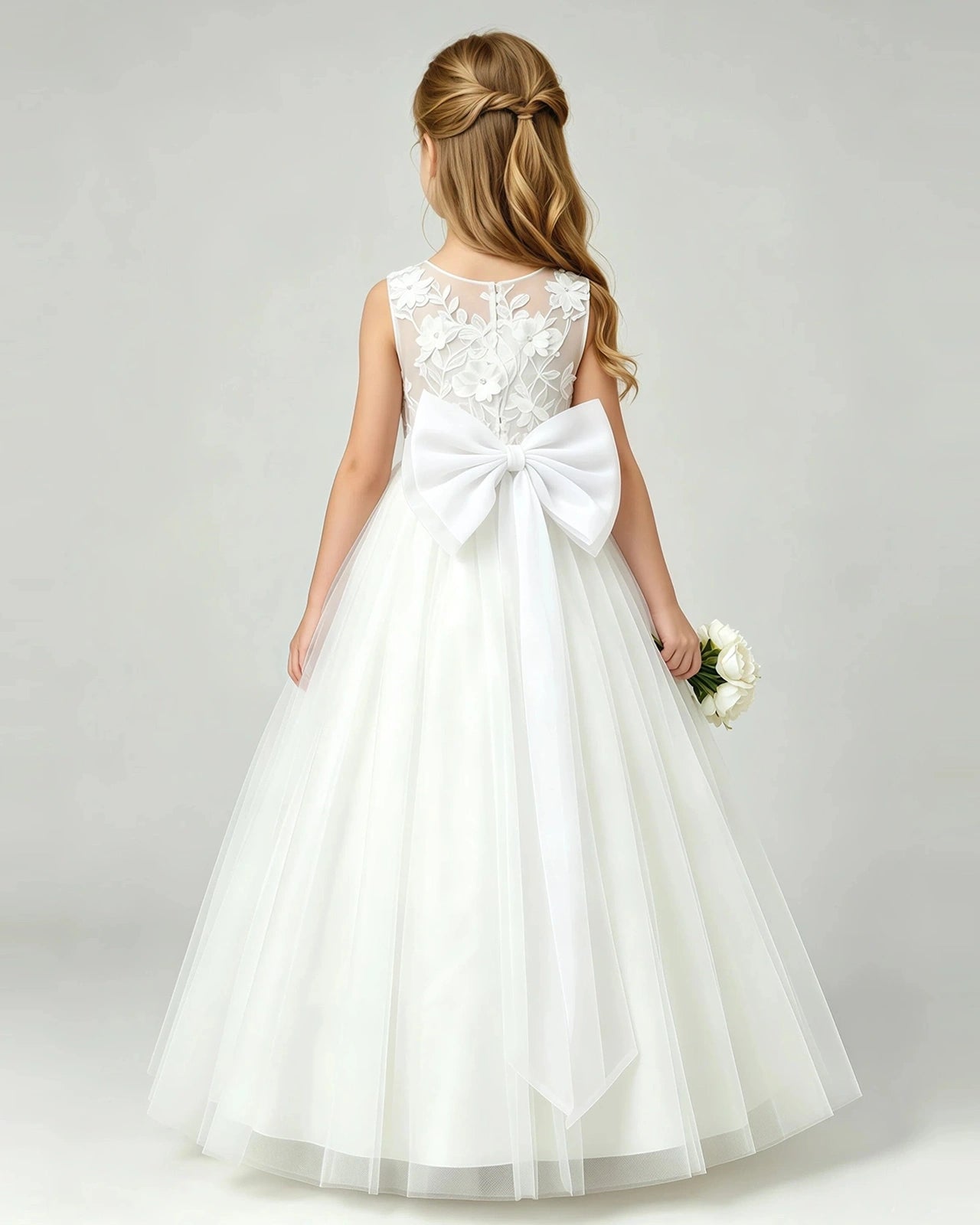 Ivory Tulle A-line Flower Girl Dress Back View