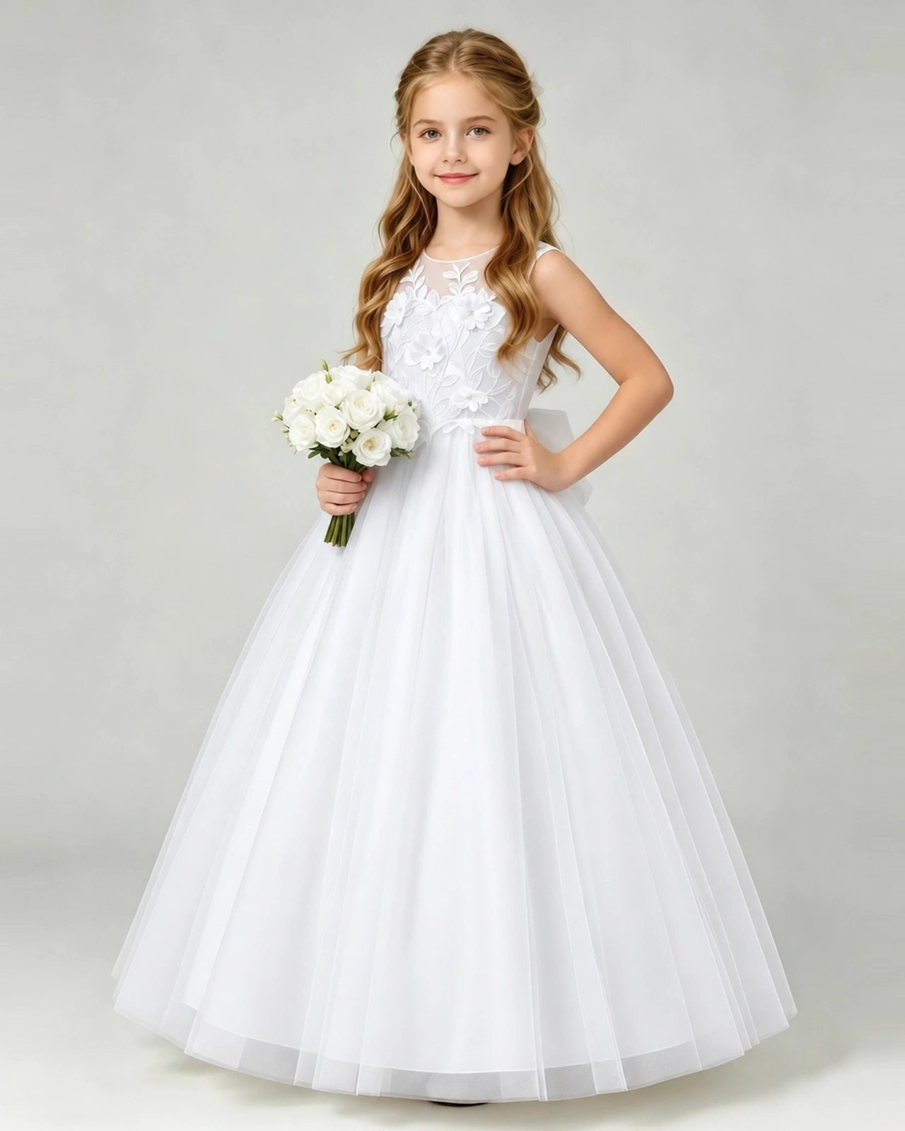 White Tulle A-line Flower Girl Dress Front View