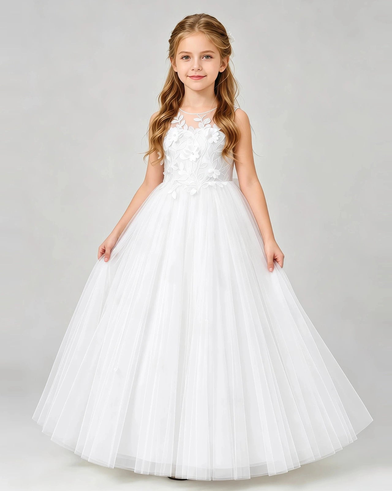 White Tulle A-line Flower Girl Dress Front View
